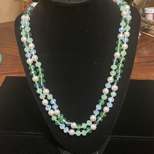 Chaps Multi-Strand Green, Light Blue & Pearl Beaded Necklace
